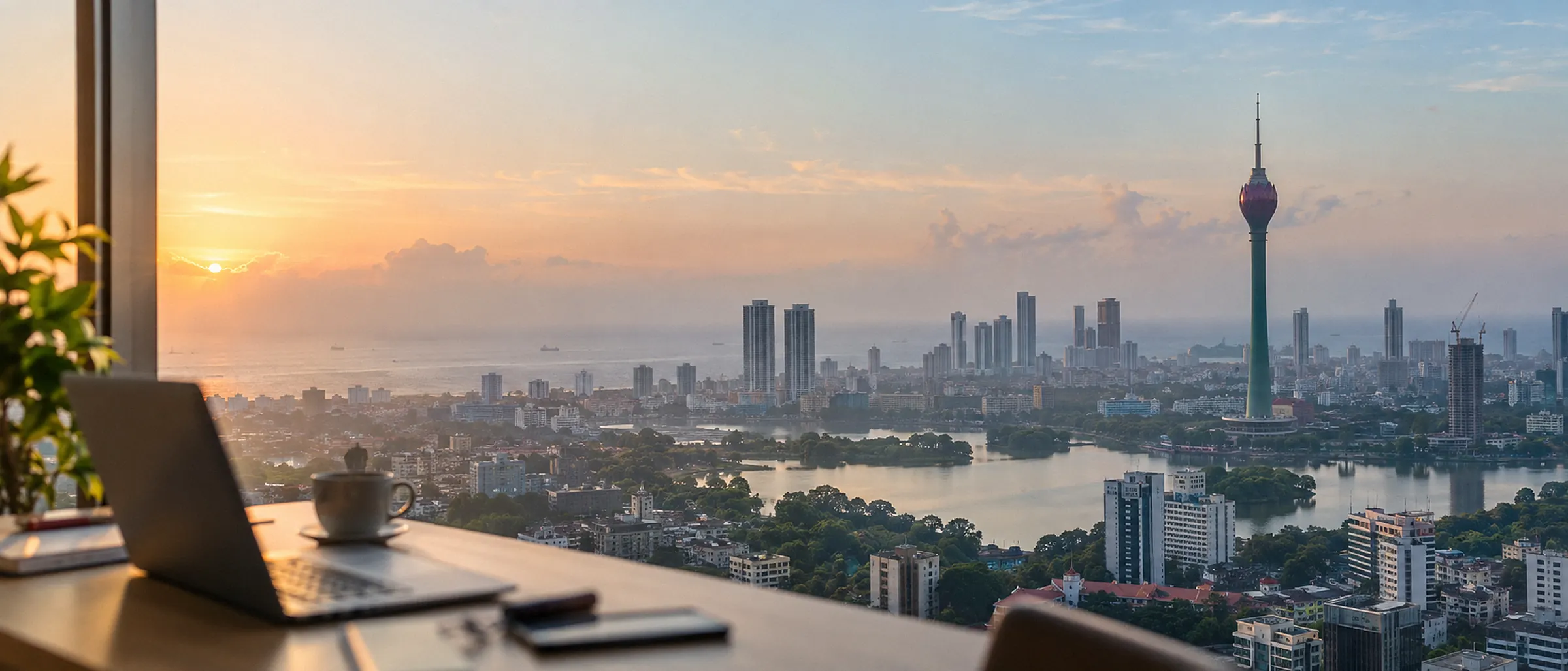 Sunrise over Colombo from the studio window: the Lotus Tower, Beira Lake and the Indian Ocean