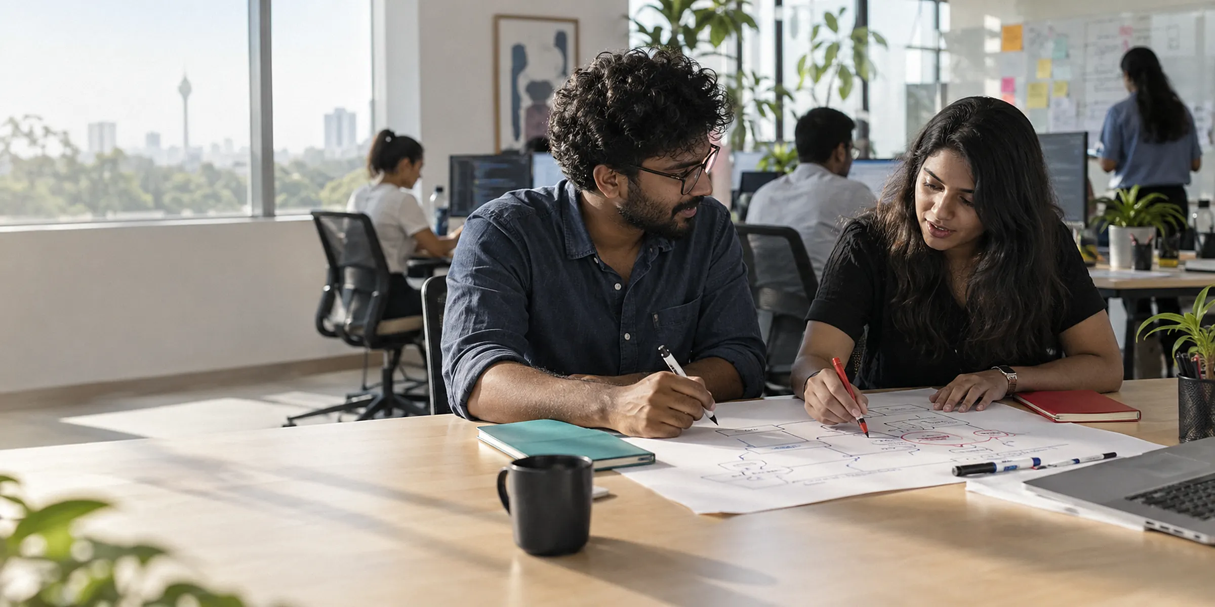 A developer and a security tester side by side at one table, sketching the same system on one large sheet, the tester circling a weak point in red