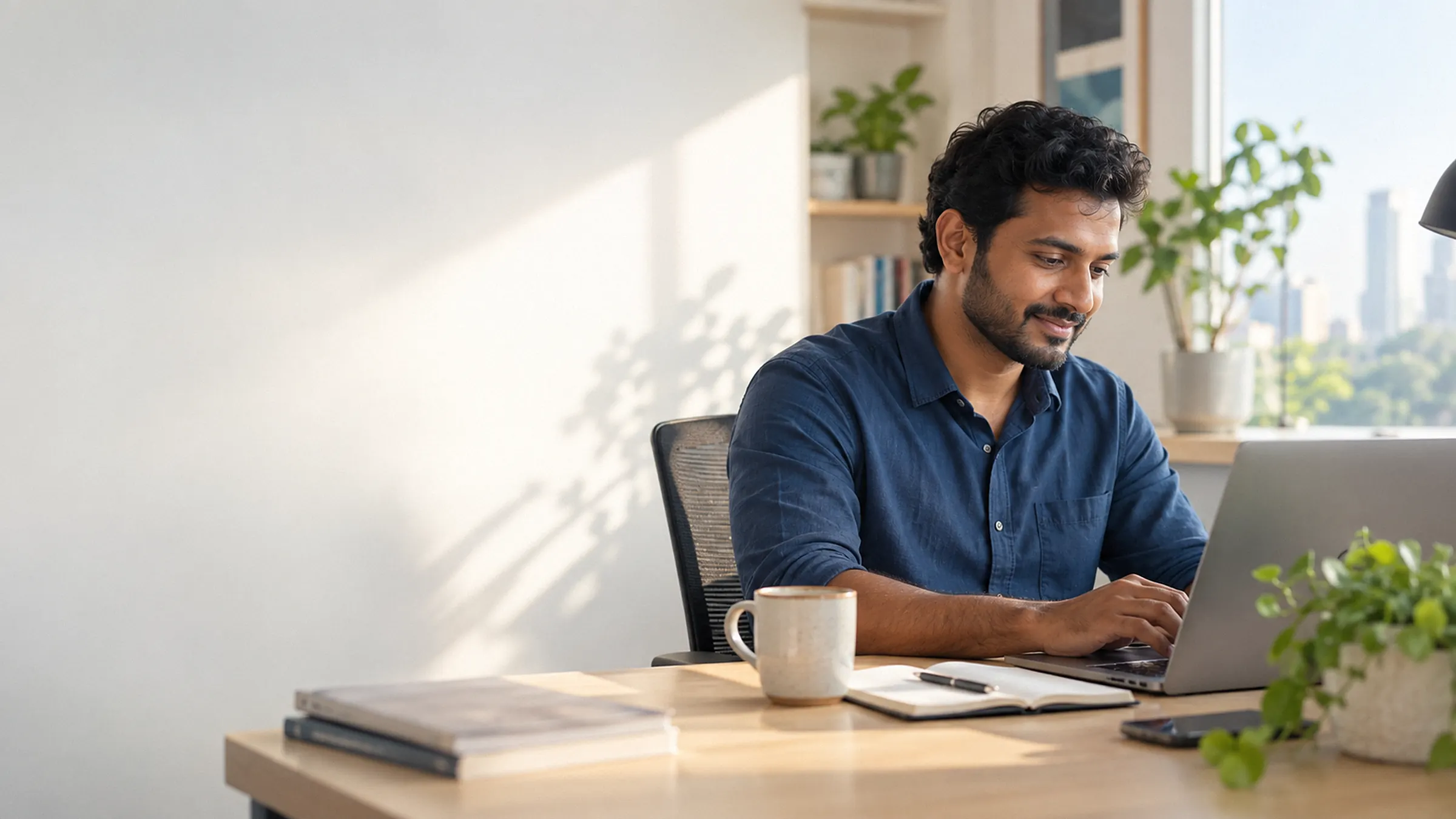 A Webline engineer at a sunny desk reading a new enquiry and starting his reply