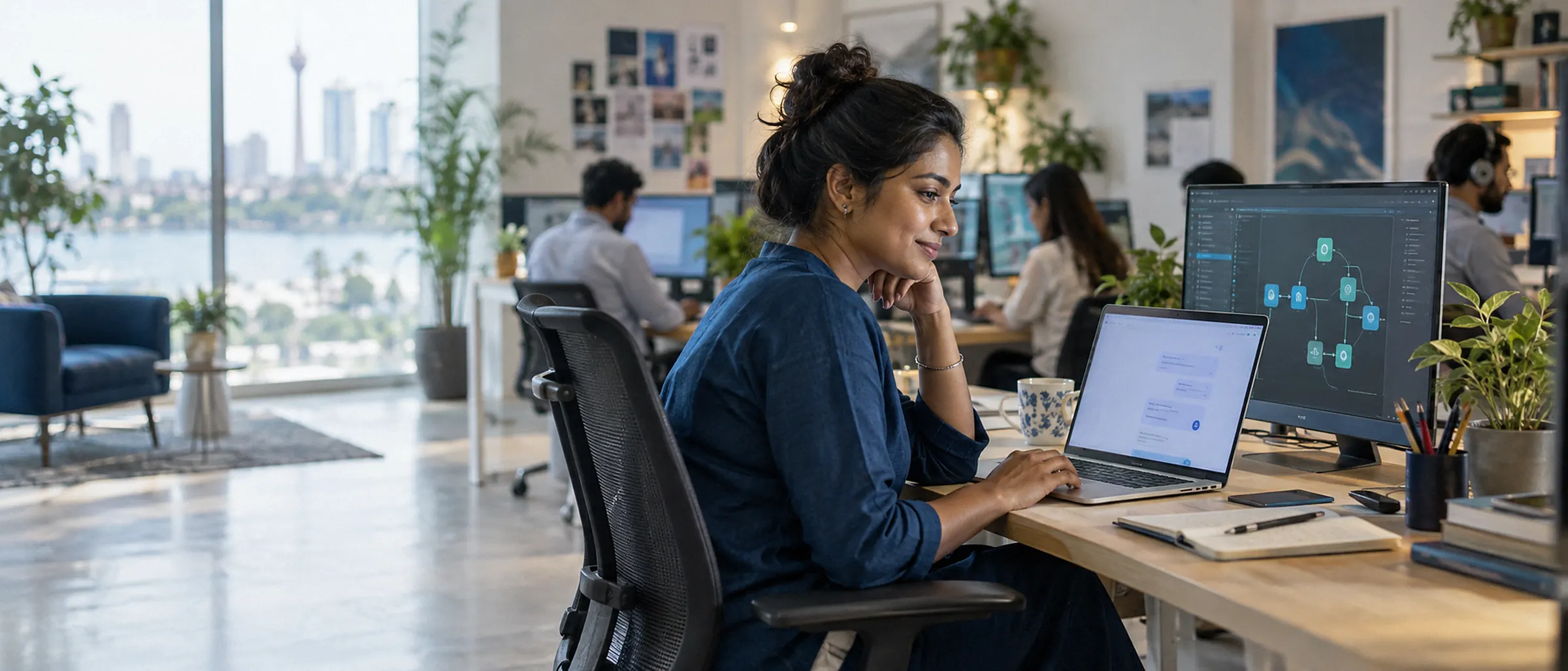 An engineer working with an AI assistant on her laptop, an automation workflow diagram on the monitor beside her