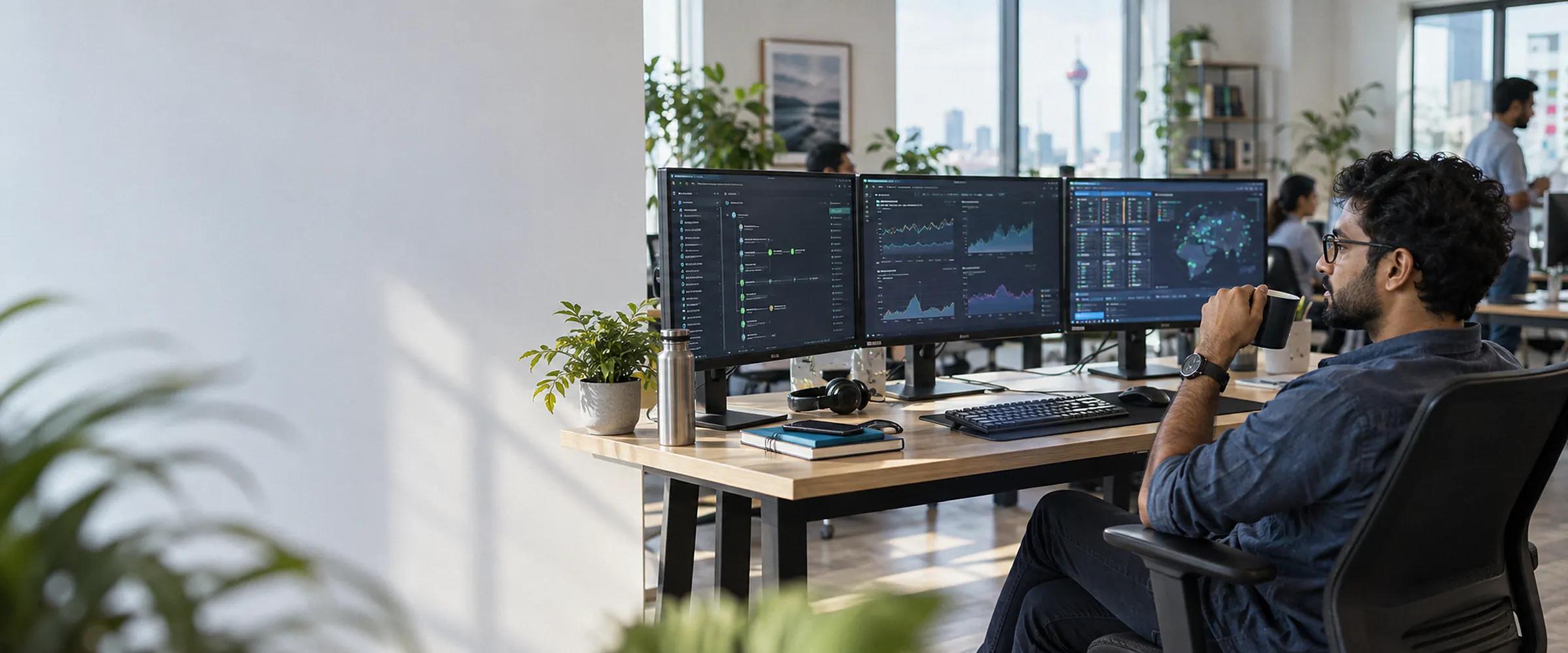 An engineer watching cloud monitoring dashboards across three screens