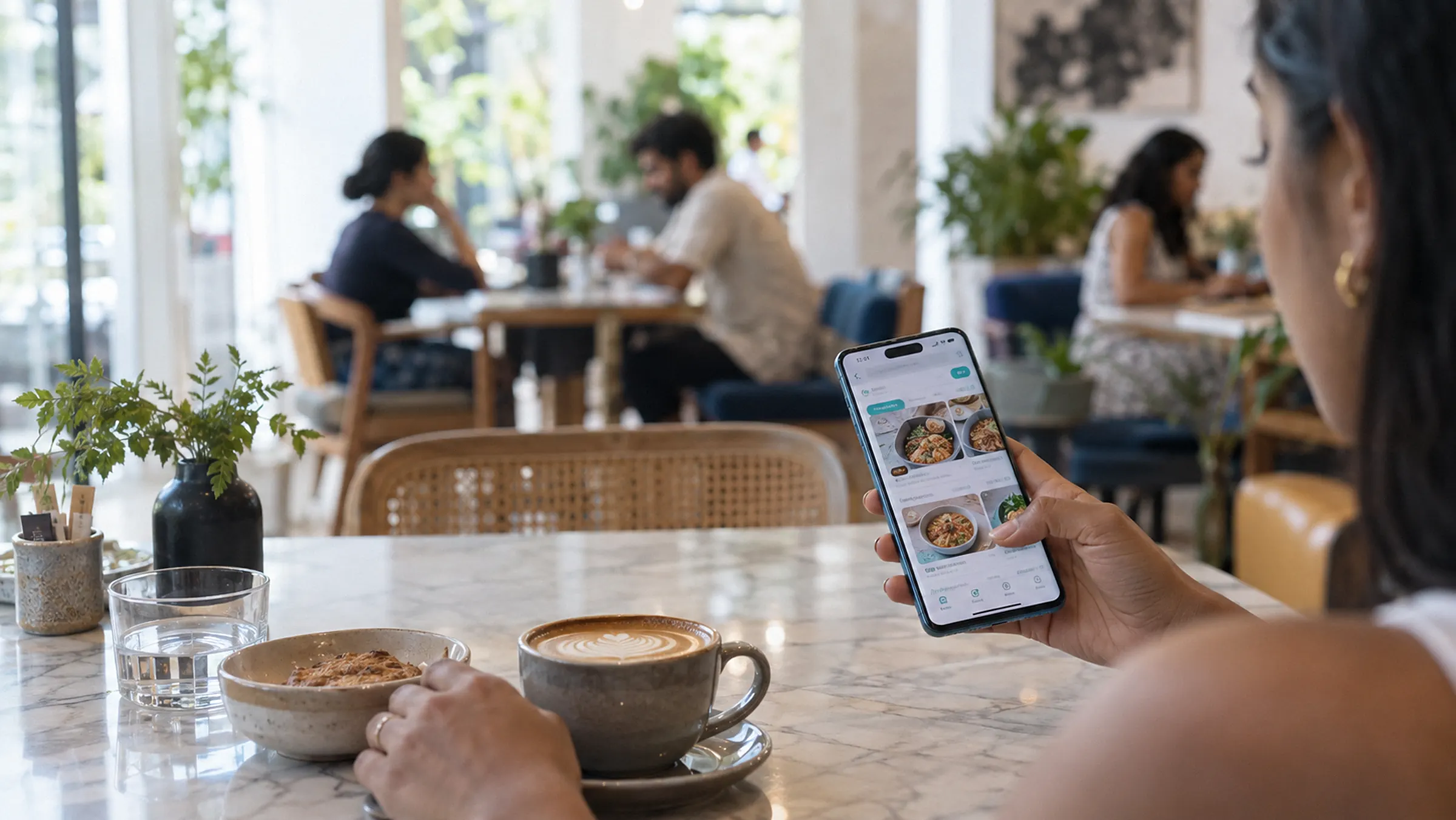 A customer in a café ordering from a food app on her phone