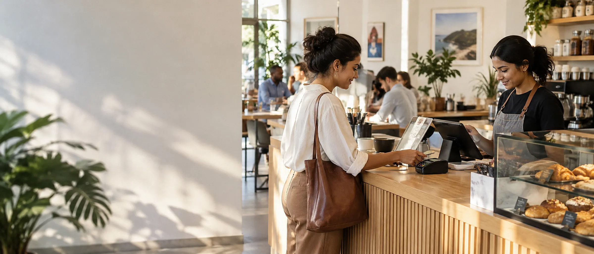 A customer paying at a bakery counter while the cashier runs the point-of-sale system