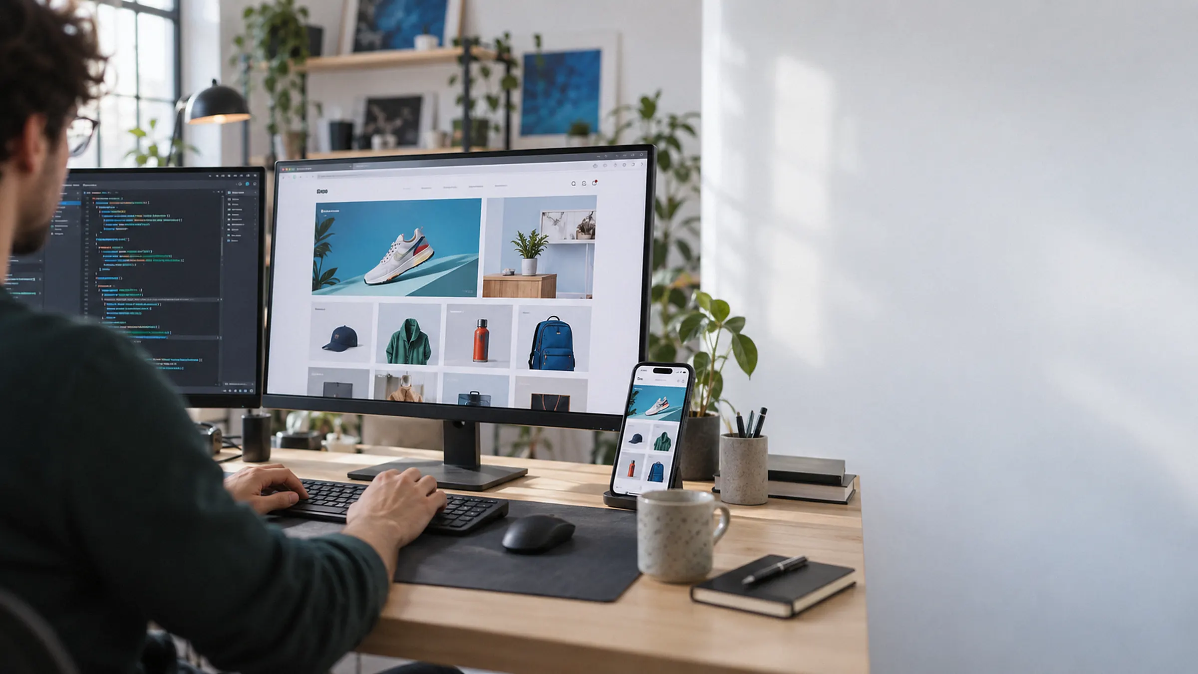 A developer building an online store, the shop on a large monitor and on a phone beside it, its code on a second screen