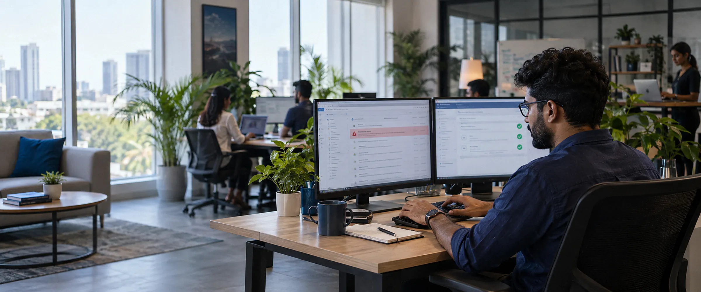 An engineer with a spoofed email flagged on one screen and domain records being fixed on the other