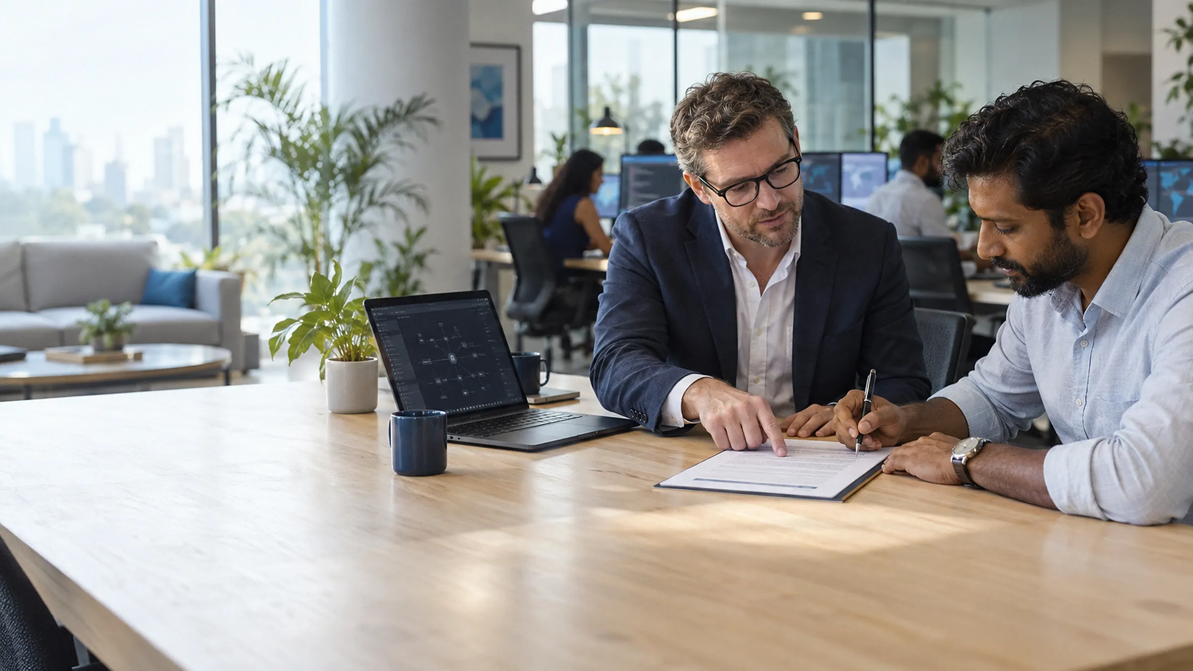 A security consultant and a client's technology lead across an oak table, the client signing the written scope and authorisation
