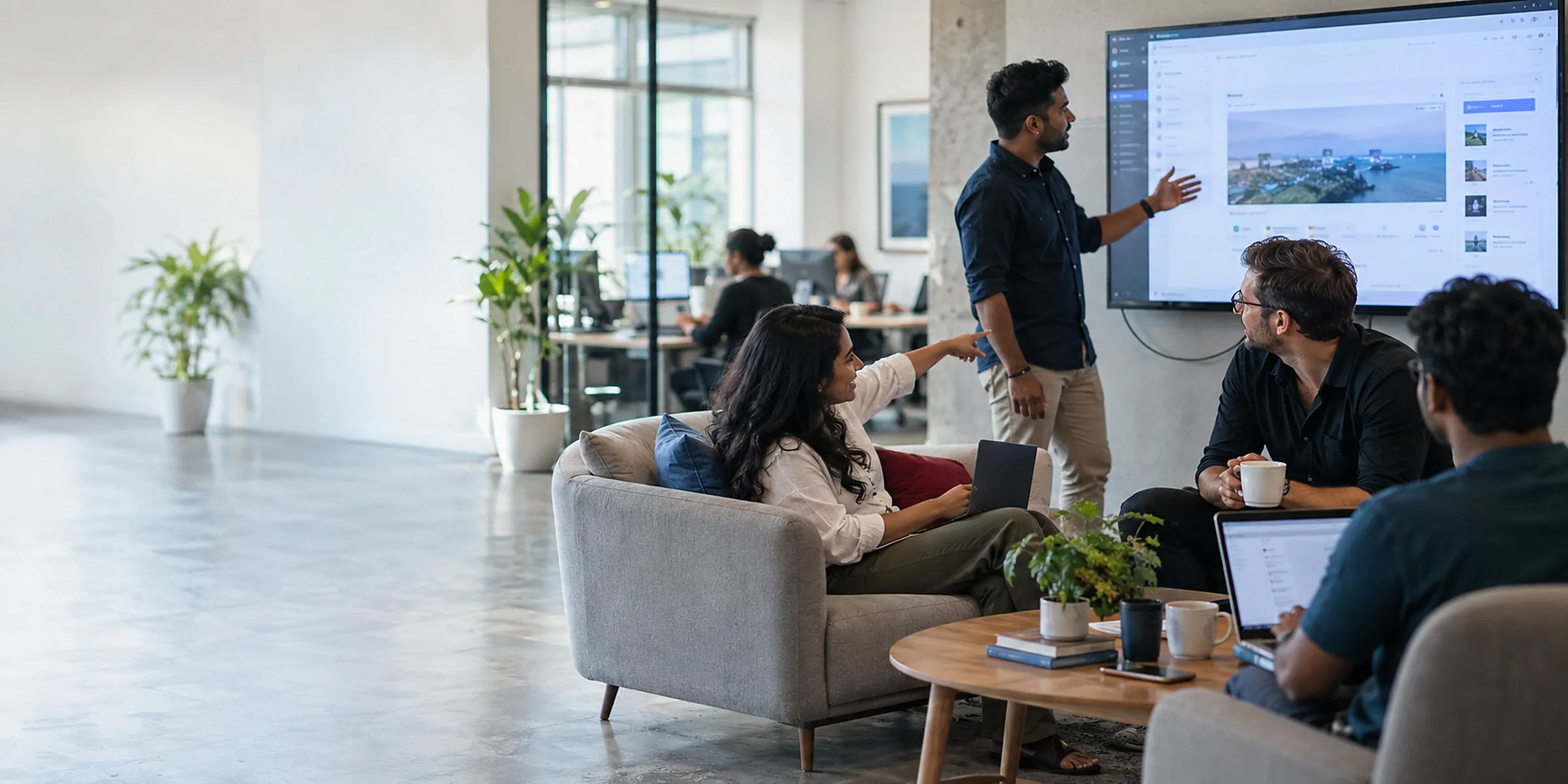 A developer demoing the latest build of a web application on a wall screen to the client and the project manager