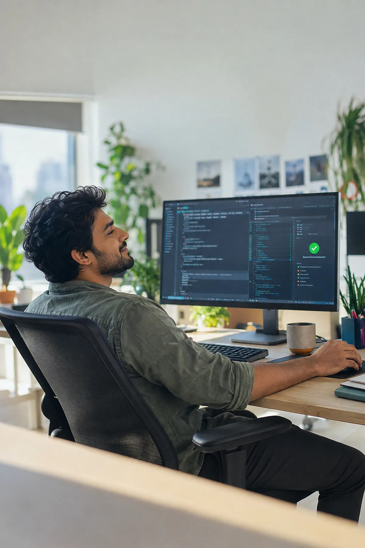 A developer leaning back from a monitor of finished code with a green check mark