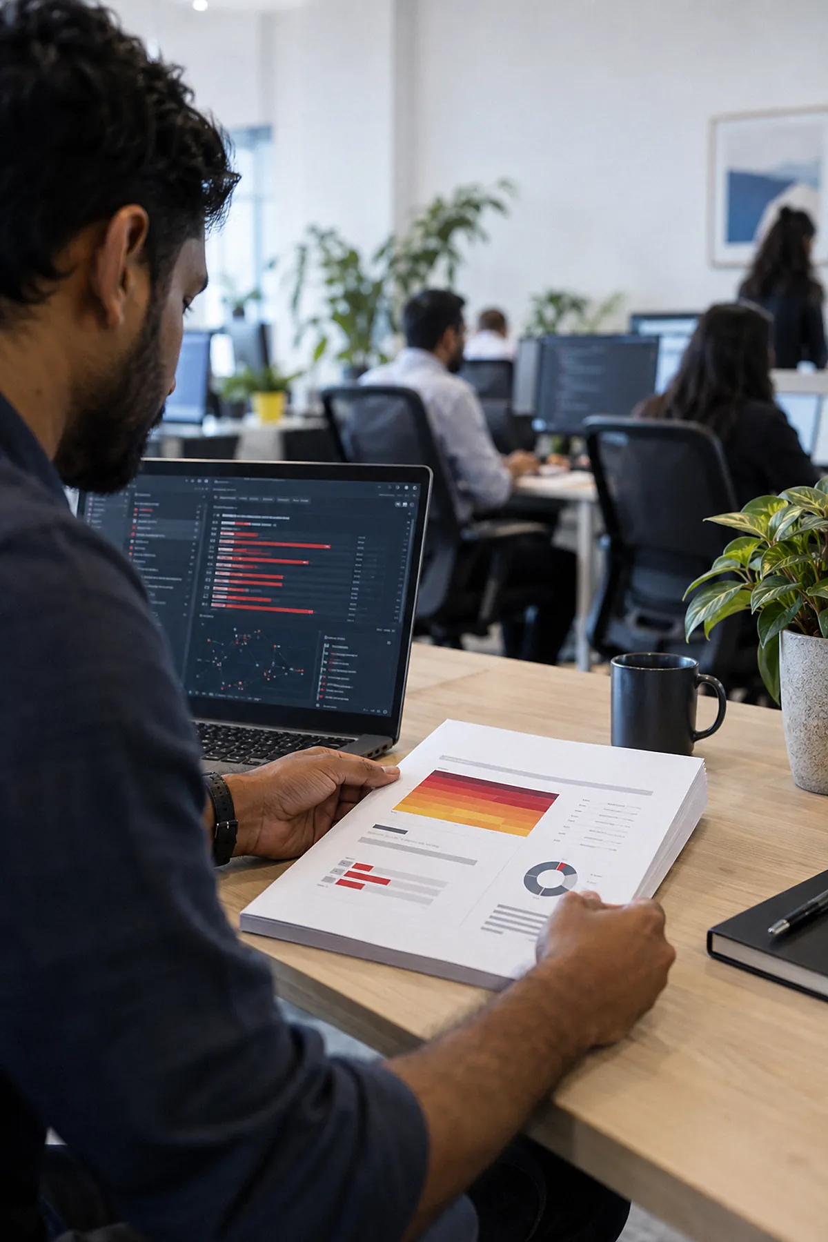 A reviewer reading a printed security report full of red findings
