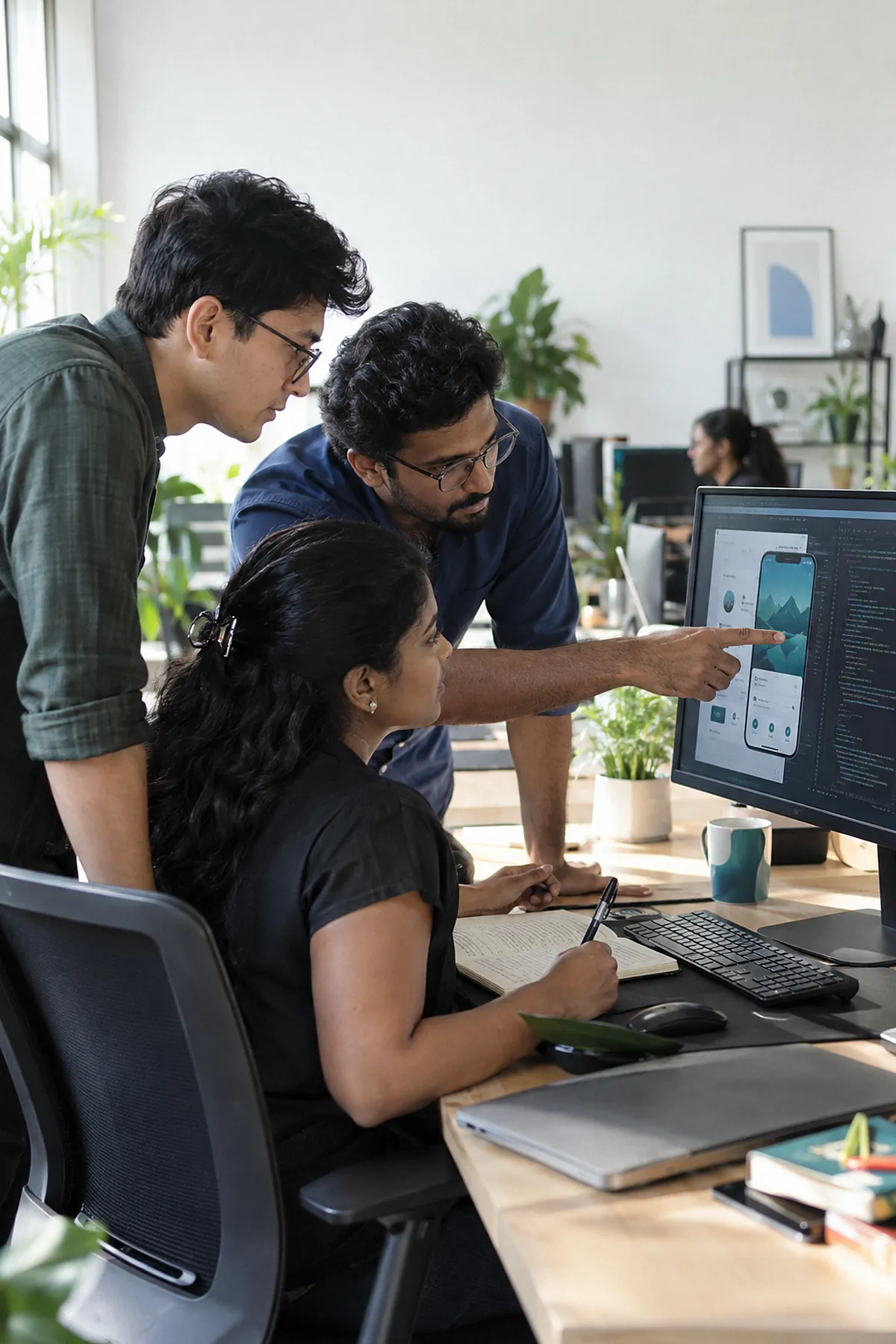 Three Codexa engineers around a monitor, one pointing at a mobile app design