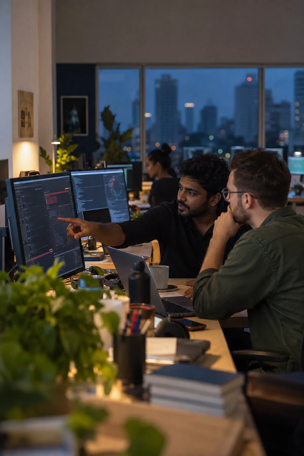 Two Nyoxa security testers at night, one pointing at a finding on the screen