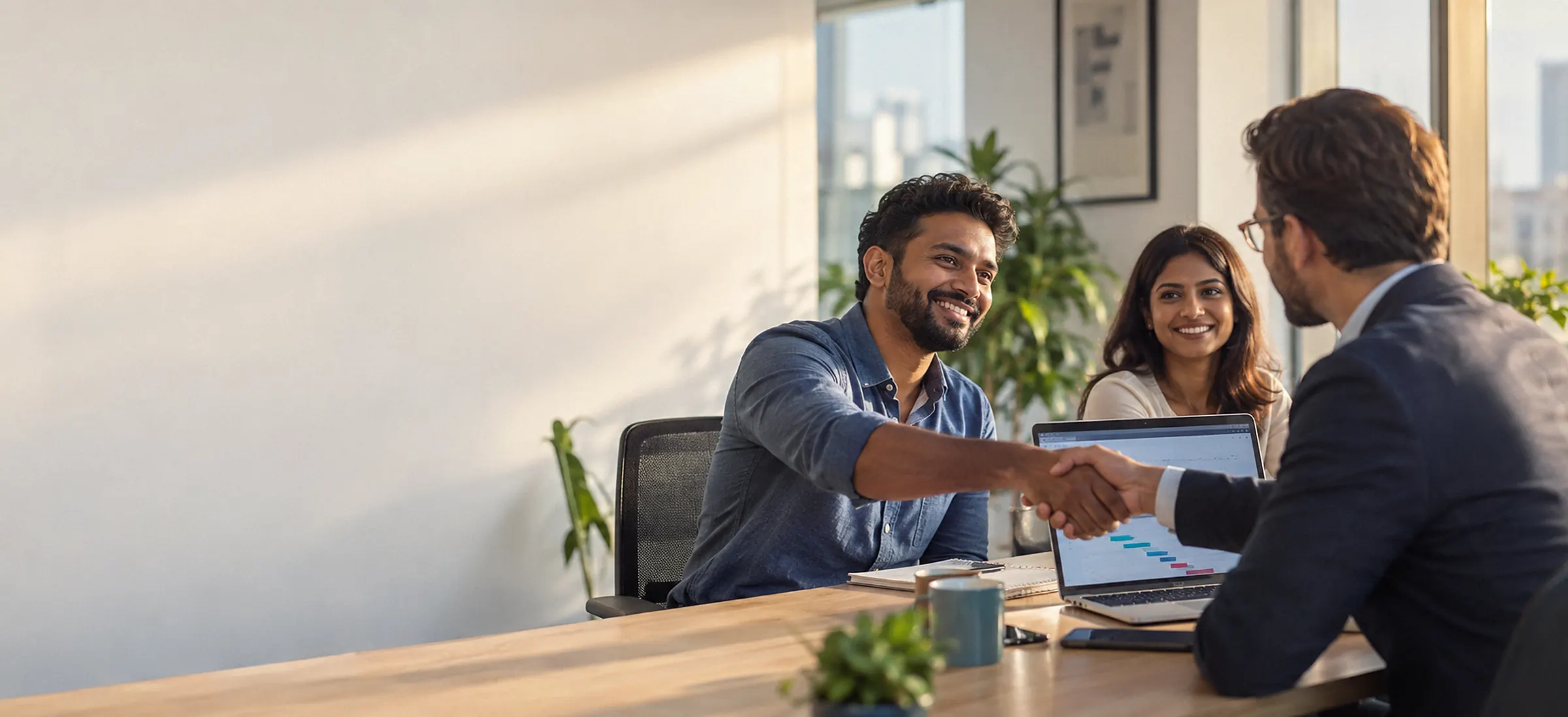 A Webline engineer shaking hands with a client across an oak table at the start of a project, a colleague smiling beside them