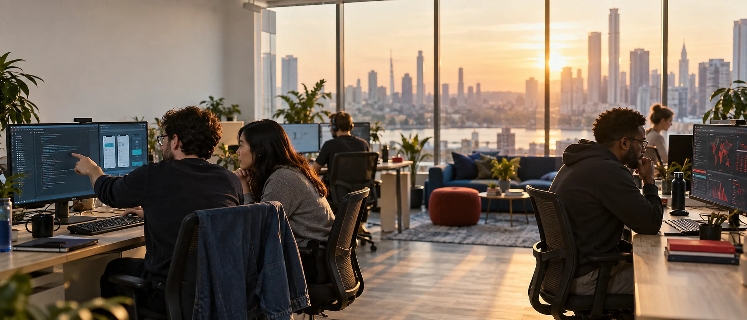 Engineers and a security specialist at work in a bright Colombo studio at golden hour, one pointing out a detail on a screen of code, the city skyline in the windows behind them