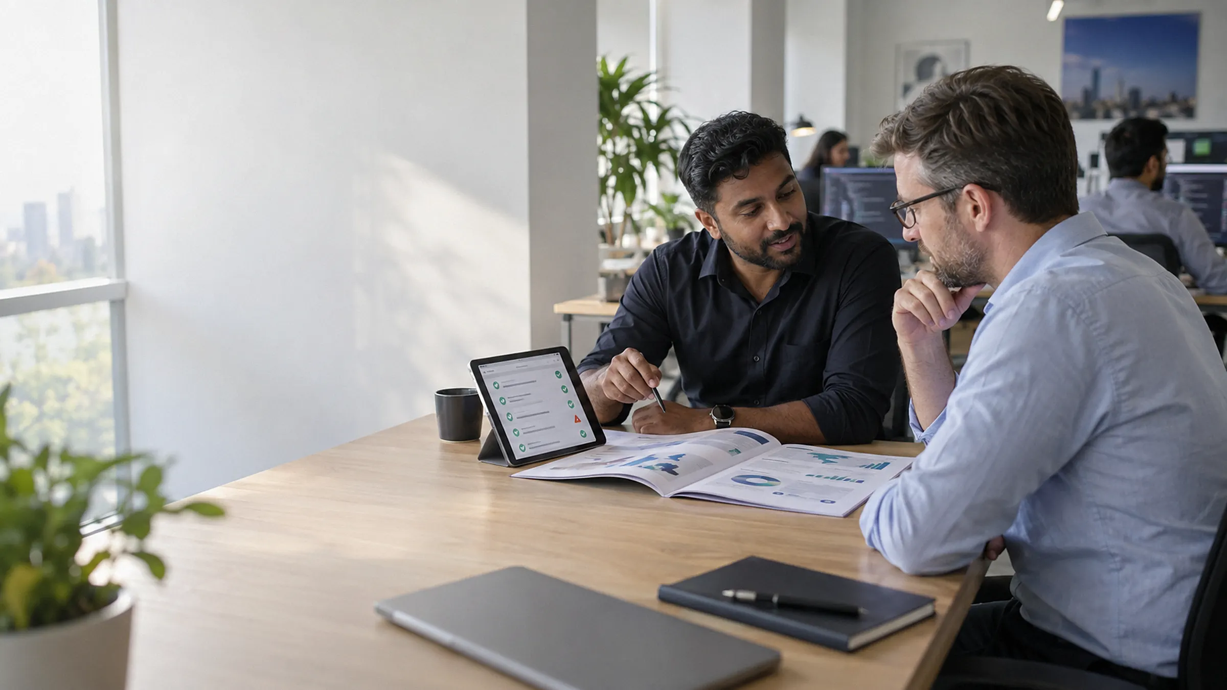 A security consultant walking a client through the written report and the retest results