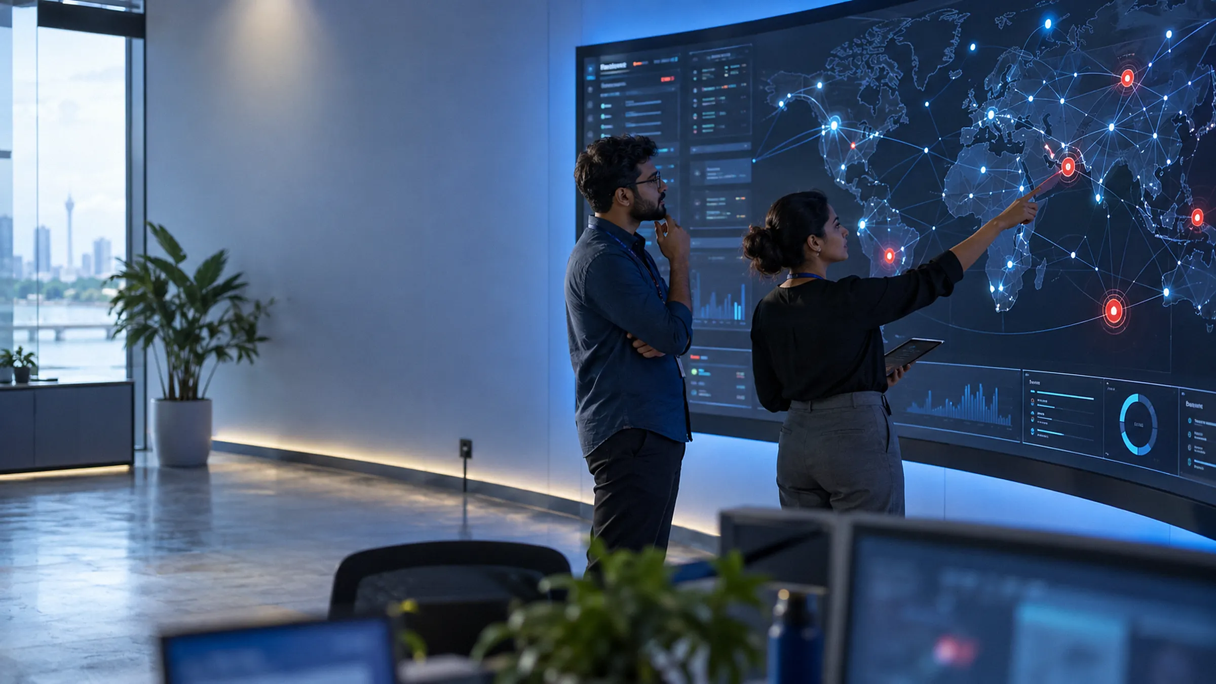 Two analysts at a wall-sized map of a company's internet-facing systems, exposed points marked in red