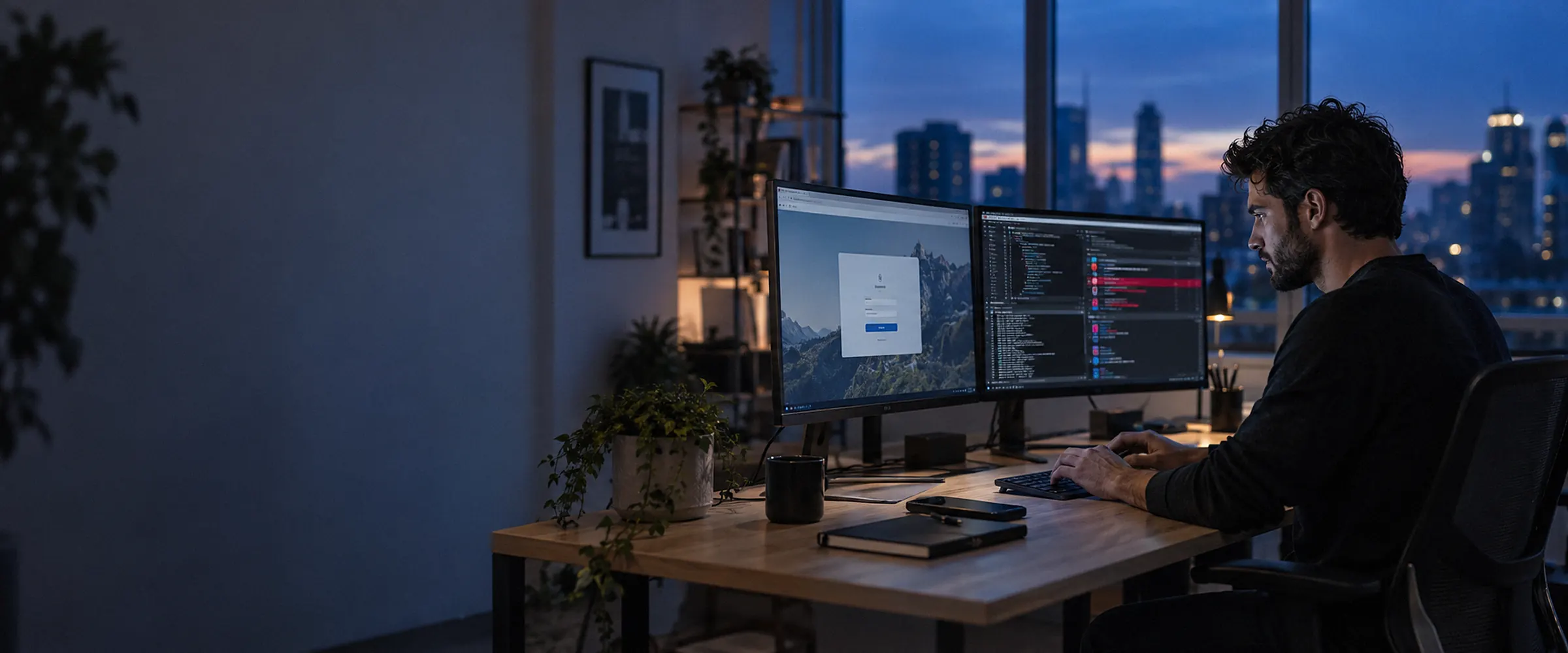 A penetration tester at dusk working on a web application's login page, his second screen showing findings in red