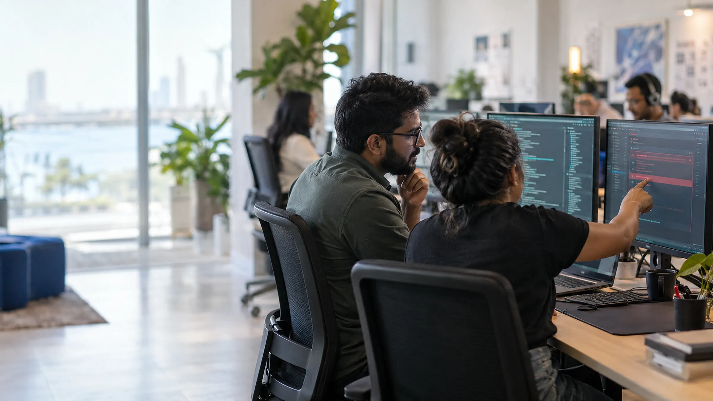 A developer and a security tester side by side at one desk, the tester pointing at a finding on the screen