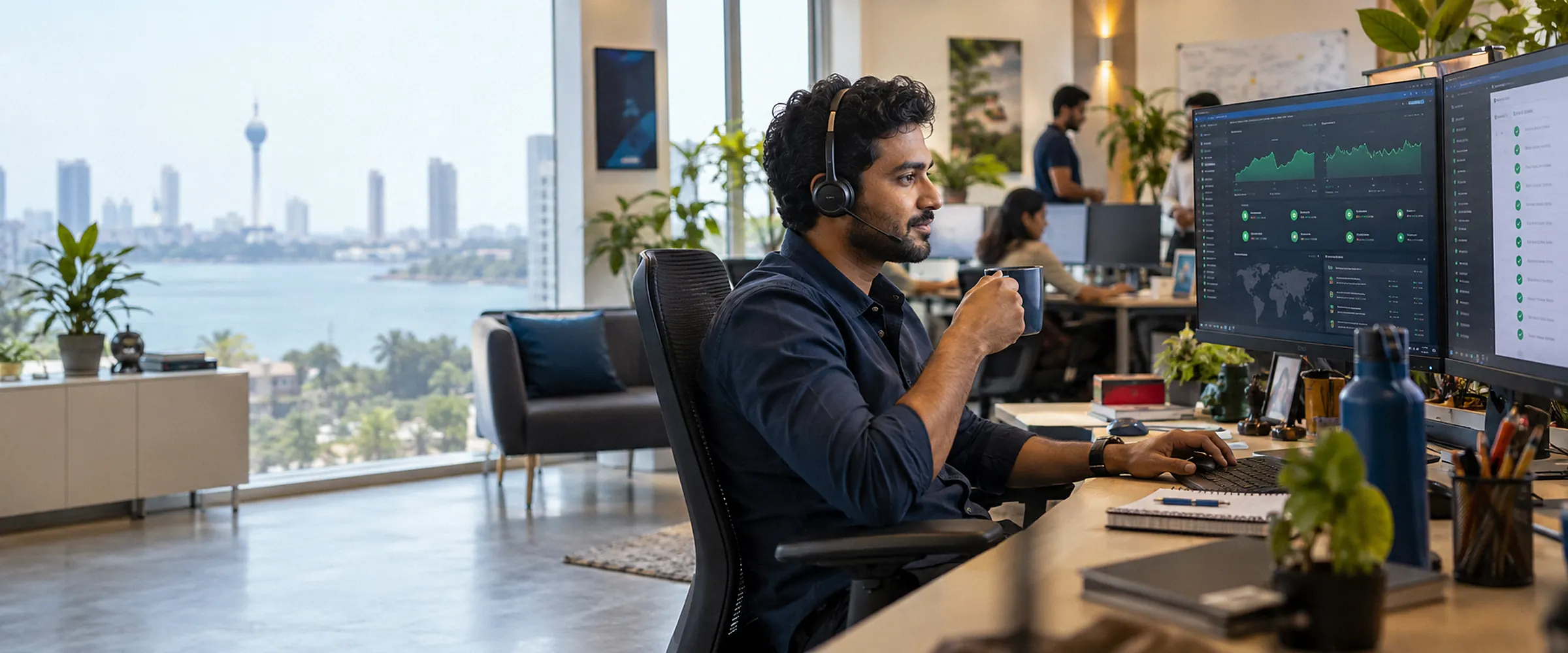 A support engineer with a headset watching uptime dashboards, every service in green
