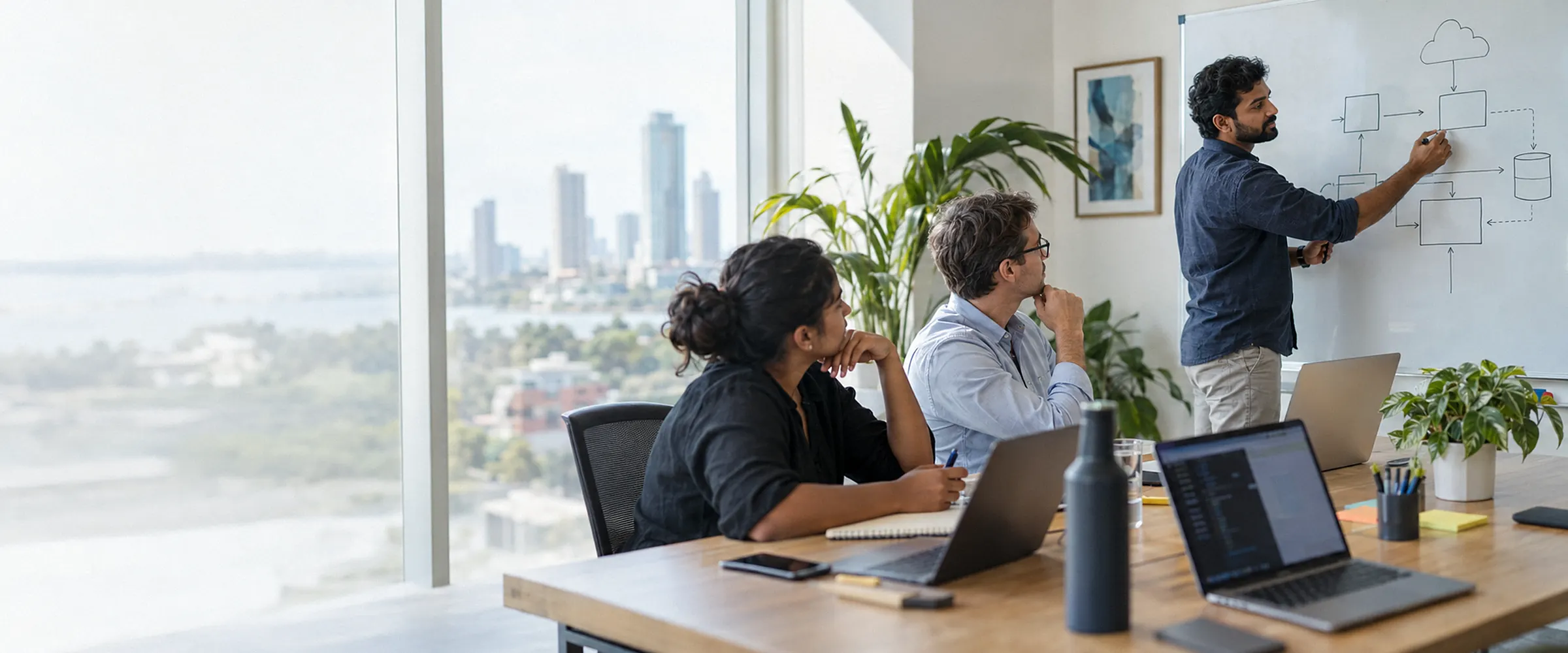 A discovery workshop: a consultant sketches the client's system architecture on a whiteboard while the client team asks questions
